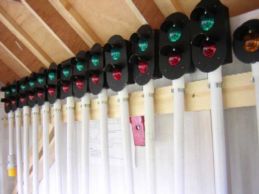 Signals mounted on the rear wall of the signal box.