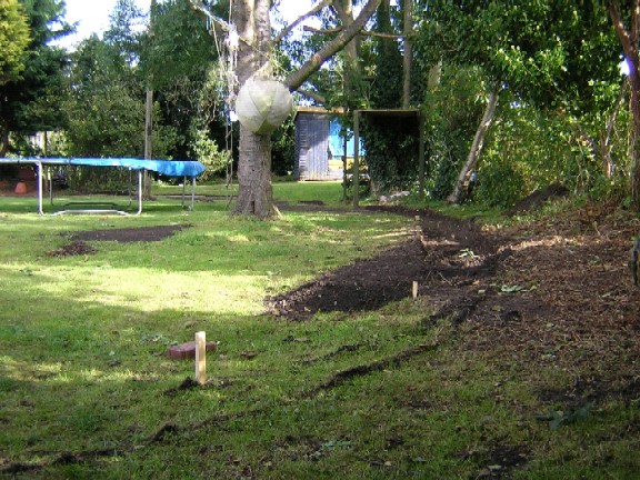 The low end of the garden. The top of the posts are level.